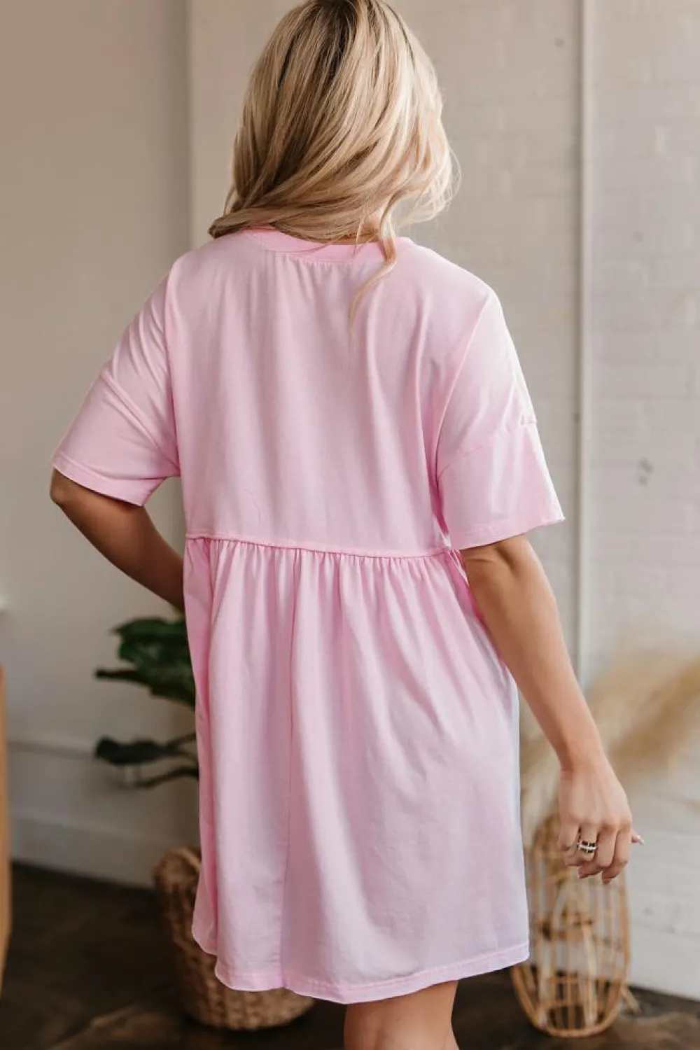 Sale Dear-Lover Solid Color Pocketed Raw Edge Babydoll Dress Light Pink