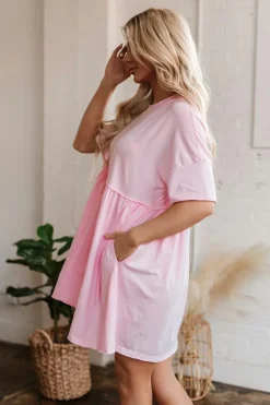 Sale Dear-Lover Solid Color Pocketed Raw Edge Babydoll Dress Light Pink