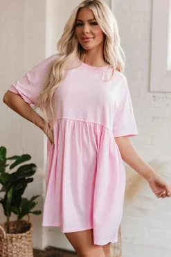 Sale Dear-Lover Solid Color Pocketed Raw Edge Babydoll Dress Light Pink