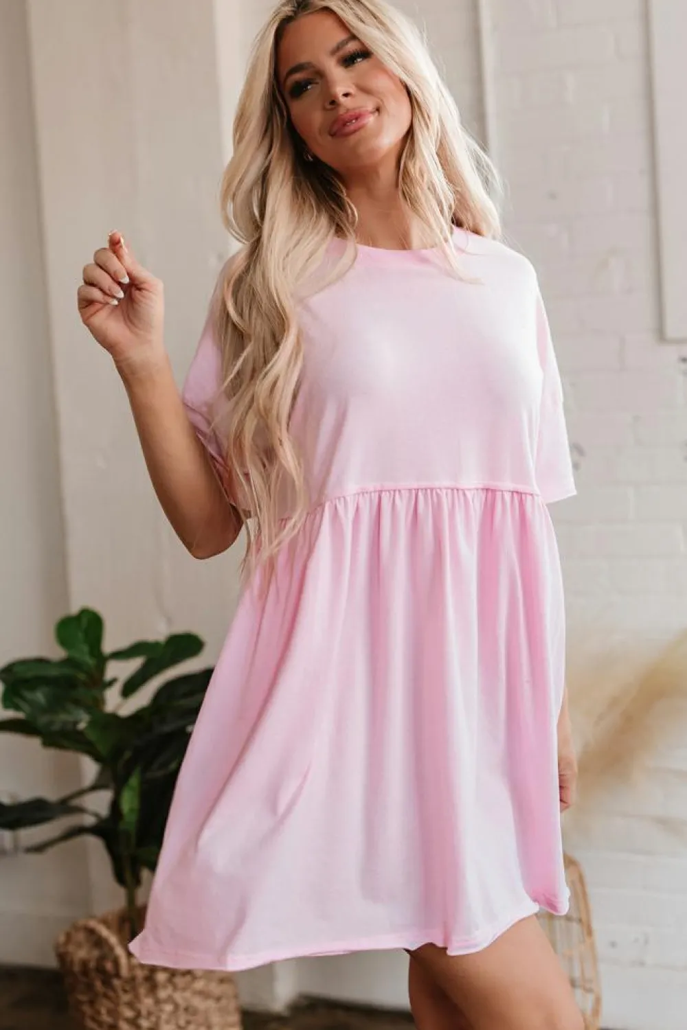 Sale Dear-Lover Solid Color Pocketed Raw Edge Babydoll Dress Light Pink