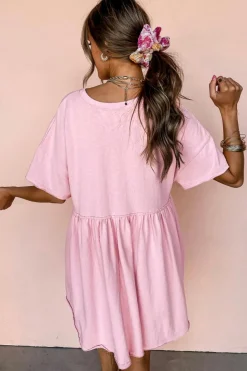 Sale Dear-Lover Solid Color Pocketed Raw Edge Babydoll Dress Light Pink