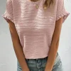 New Dear-Lover Solid Textured Ruffled Short Sleeve Blouse Light Pink