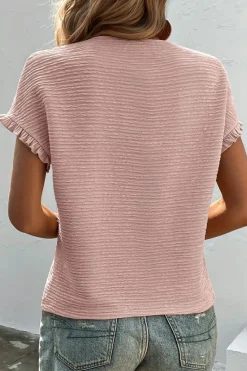 New Dear-Lover Solid Textured Ruffled Short Sleeve Blouse Light Pink