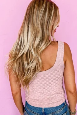 Discount Dear-Lover Solid Textured Checkered U Neck Sweater Vest Light Pink