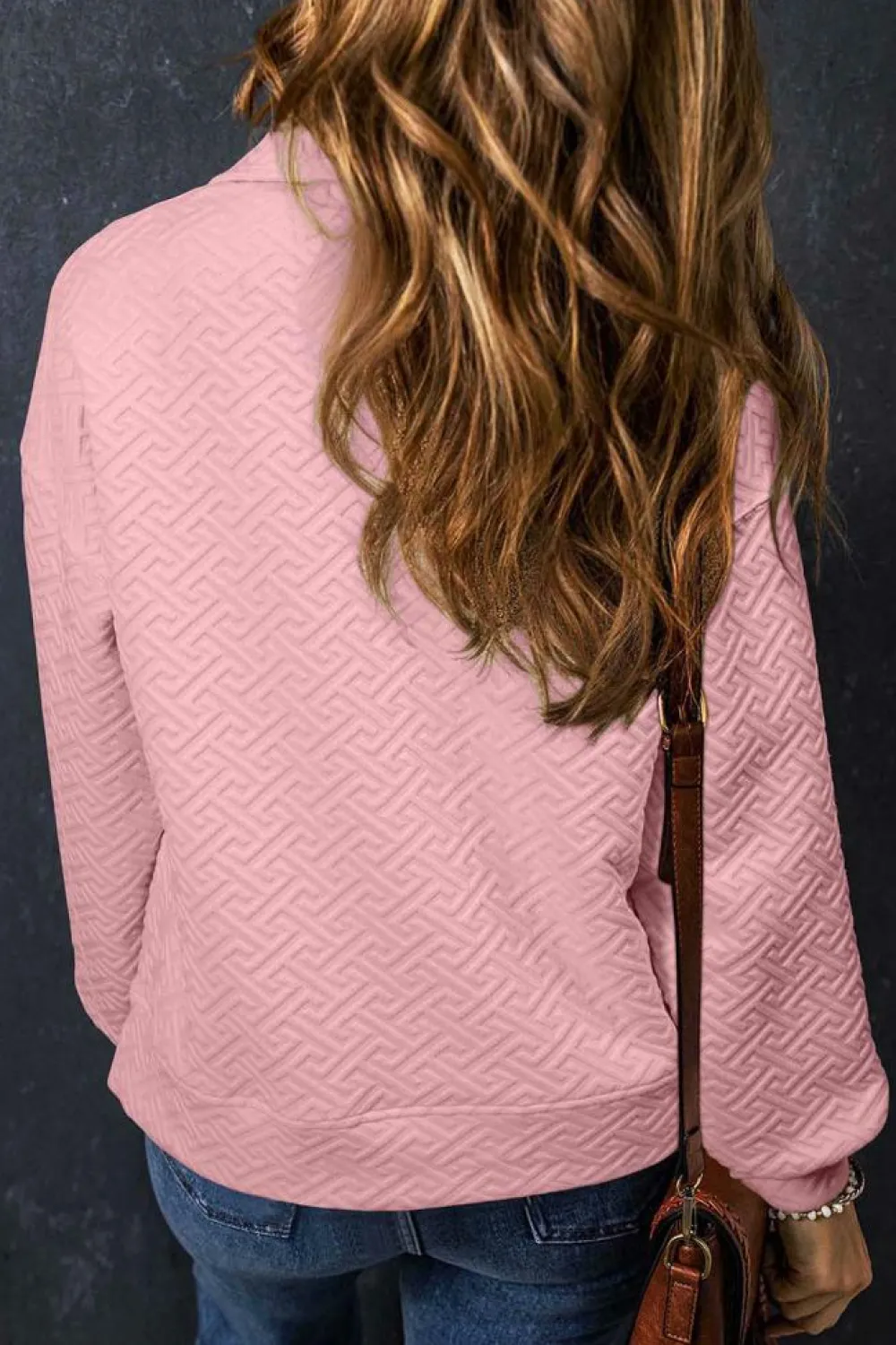 Best Dear-Lover Solid Textured Half Zipper Collared Sweatshirt Light Pink