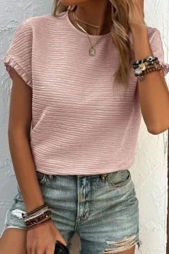 New Dear-Lover Solid Textured Ruffled Short Sleeve Blouse Light Pink
