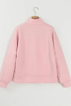 Best Dear-Lover Solid Textured Half Zipper Collared Sweatshirt Light Pink