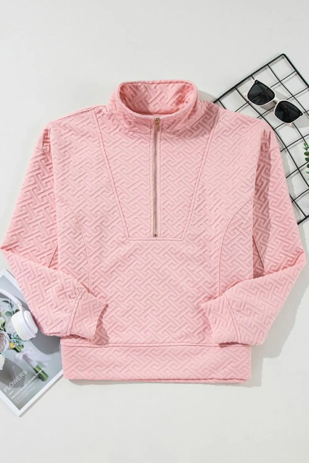 Best Dear-Lover Solid Textured Half Zipper Collared Sweatshirt Light Pink