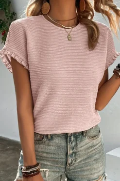 New Dear-Lover Solid Textured Ruffled Short Sleeve Blouse Light Pink