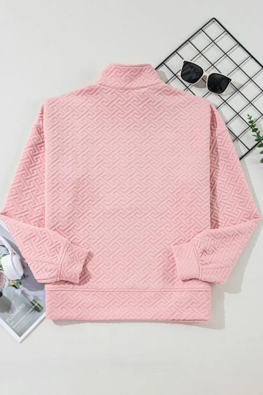 Best Dear-Lover Solid Textured Half Zipper Collared Sweatshirt Light Pink