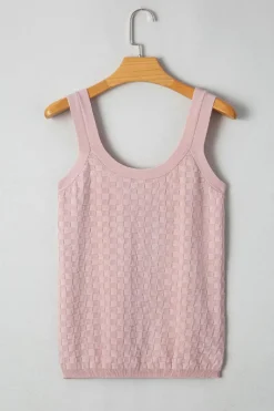 Discount Dear-Lover Solid Textured Checkered U Neck Sweater Vest Light Pink