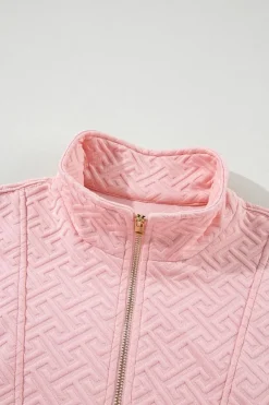 Best Dear-Lover Solid Textured Half Zipper Collared Sweatshirt Light Pink