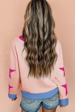 Clearance Dear-Lover Star Patchwork Exposed Seam Oversized Sweatshirt Light Pink