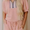 Online Dear-Lover Striped Collared Zip up Textured Skirt Set Light Pink