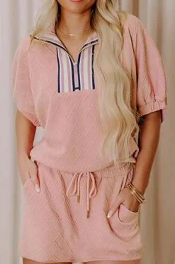 Online Dear-Lover Striped Collared Zip up Textured Skirt Set Light Pink