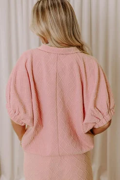 Online Dear-Lover Striped Collared Zip up Textured Skirt Set Light Pink