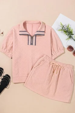 Online Dear-Lover Striped Collared Zip up Textured Skirt Set Light Pink
