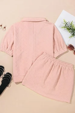 Online Dear-Lover Striped Collared Zip up Textured Skirt Set Light Pink
