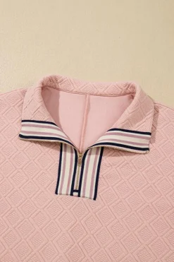 Online Dear-Lover Striped Collared Zip up Textured Skirt Set Light Pink