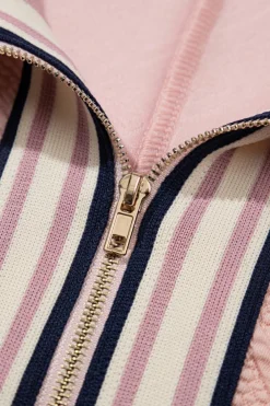 Online Dear-Lover Striped Collared Zip up Textured Skirt Set Light Pink