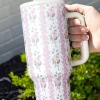 Sale Dear-Lover Sweet Floral Print Straw Insert Thermo Tumbler Cup Light Pink