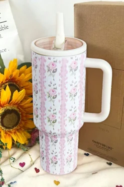 Sale Dear-Lover Sweet Floral Print Straw Insert Thermo Tumbler Cup Light Pink