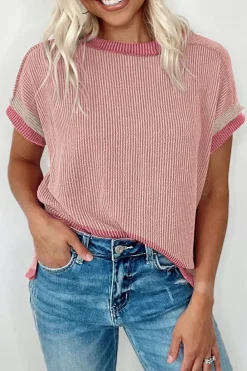 Hot Dear-Lover Textured Contrast Trim Round Neck T Shirt Light Pink