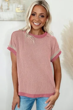 Hot Dear-Lover Textured Contrast Trim Round Neck T Shirt Light Pink