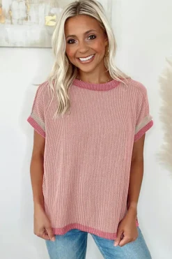 Hot Dear-Lover Textured Contrast Trim Round Neck T Shirt Light Pink