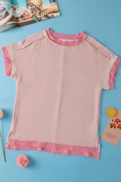 Hot Dear-Lover Textured Contrast Trim Round Neck T Shirt Light Pink