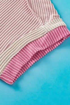 Hot Dear-Lover Textured Contrast Trim Round Neck T Shirt Light Pink