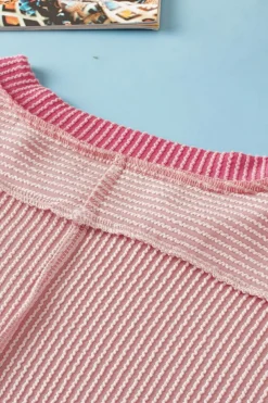 Hot Dear-Lover Textured Contrast Trim Round Neck T Shirt Light Pink