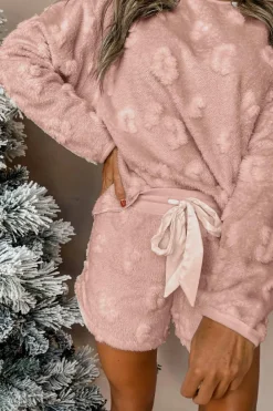 Discount Dear-Lover Textured Leopard Fleece Loose Two Piece Lounge Set Light Pink