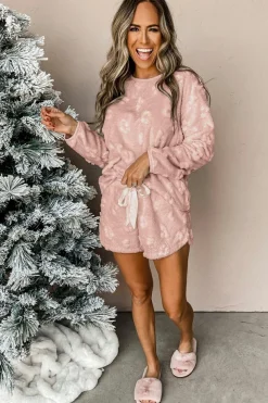 Discount Dear-Lover Textured Leopard Fleece Loose Two Piece Lounge Set Light Pink