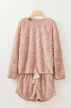 Discount Dear-Lover Textured Leopard Fleece Loose Two Piece Lounge Set Light Pink