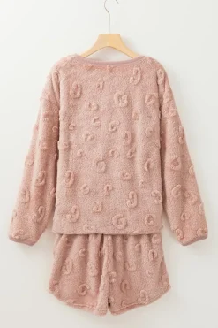 Discount Dear-Lover Textured Leopard Fleece Loose Two Piece Lounge Set Light Pink