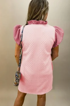 Fashion Dear-Lover Textured Puff Sleeve Ruffled V Neck Shift Mini Dress Light Pink
