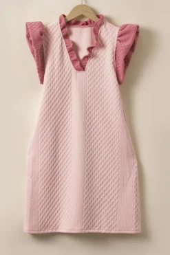 Fashion Dear-Lover Textured Puff Sleeve Ruffled V Neck Shift Mini Dress Light Pink