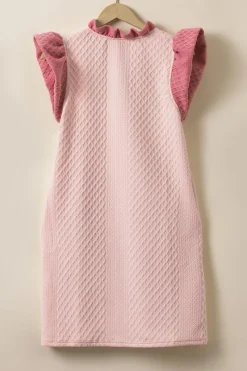 Fashion Dear-Lover Textured Puff Sleeve Ruffled V Neck Shift Mini Dress Light Pink