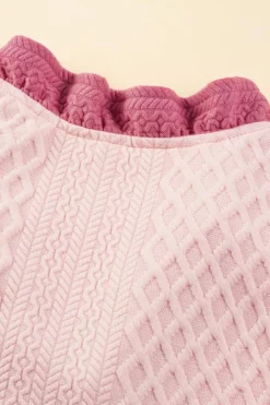 Fashion Dear-Lover Textured Puff Sleeve Ruffled V Neck Shift Mini Dress Light Pink