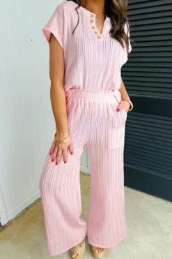 Discount Dear-Lover Textured Short Sleeve Henley Top and Pocketed Wide Leg Pants Light Pink