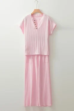 Discount Dear-Lover Textured Short Sleeve Henley Top and Pocketed Wide Leg Pants Light Pink