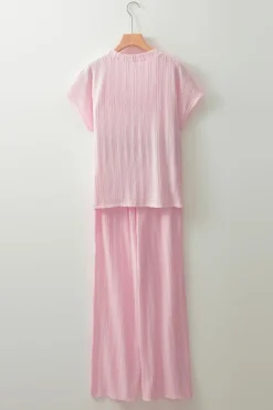 Discount Dear-Lover Textured Short Sleeve Henley Top and Pocketed Wide Leg Pants Light Pink