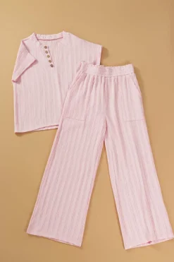 Discount Dear-Lover Textured Short Sleeve Henley Top and Pocketed Wide Leg Pants Light Pink