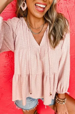 Fashion Dear-Lover Textured Tiered Flowy Blouse Light Pink