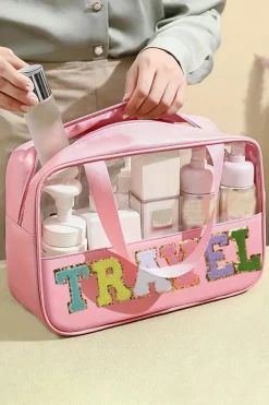 Hot Dear-Lover TRAVEL Chenille Letter Clear PVC Makeup Bag Light Pink