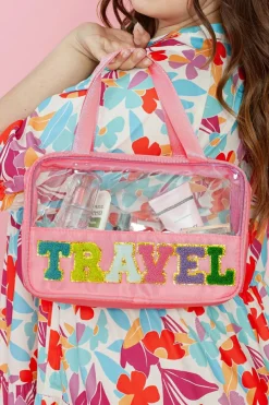 Hot Dear-Lover TRAVEL Chenille Letter Clear PVC Makeup Bag Light Pink