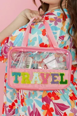 Hot Dear-Lover TRAVEL Chenille Letter Clear PVC Makeup Bag Light Pink