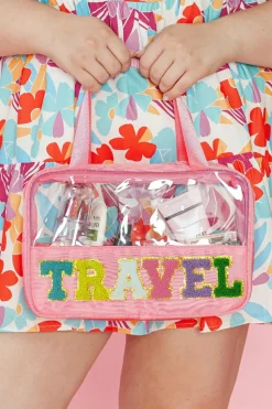 Hot Dear-Lover TRAVEL Chenille Letter Clear PVC Makeup Bag Light Pink