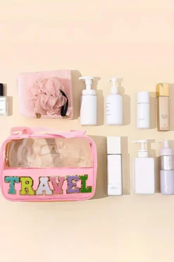 Hot Dear-Lover TRAVEL Chenille Letter Clear PVC Makeup Bag Light Pink